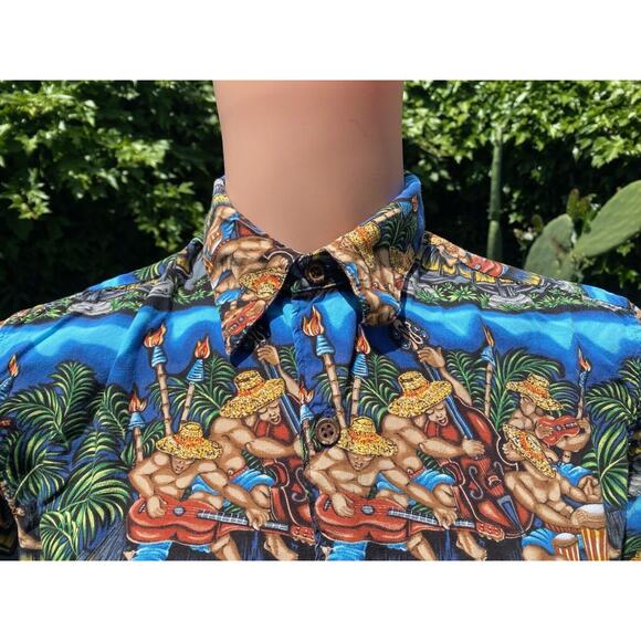 Reyn Spooner Dietrich Varez Hawaiian Shirt Jammin Musicians Tiki Rayon Men's Med - Picture 3 of 9